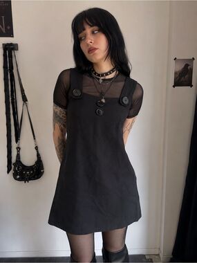 Vintage Y2K Linen Blend Black Button-Detail Pinafore Mini Dress Goth Alt 90s 60s